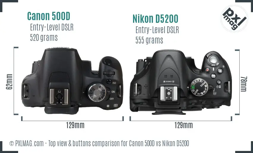 Canon 500D vs Nikon D5200 top view buttons comparison