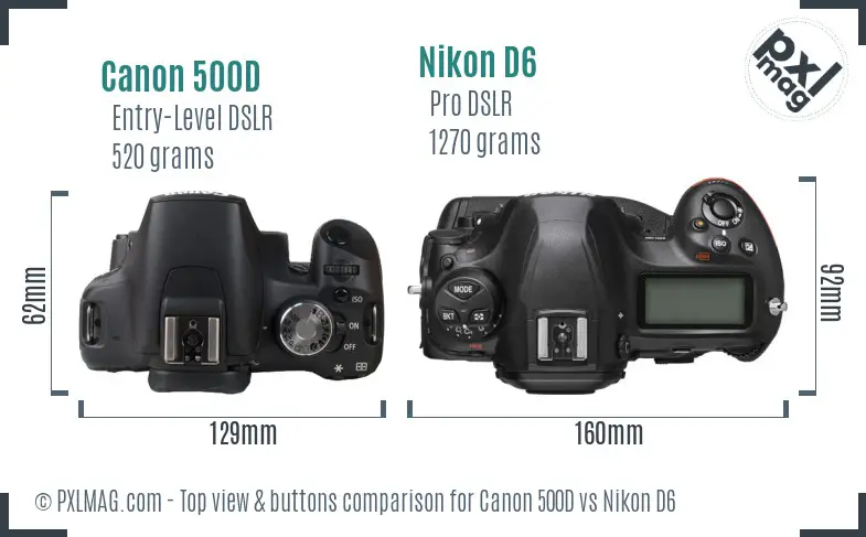 Canon 500D vs Nikon D6 top view buttons comparison