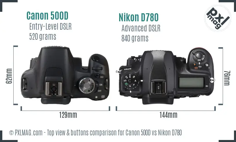 Canon 500D vs Nikon D780 top view buttons comparison