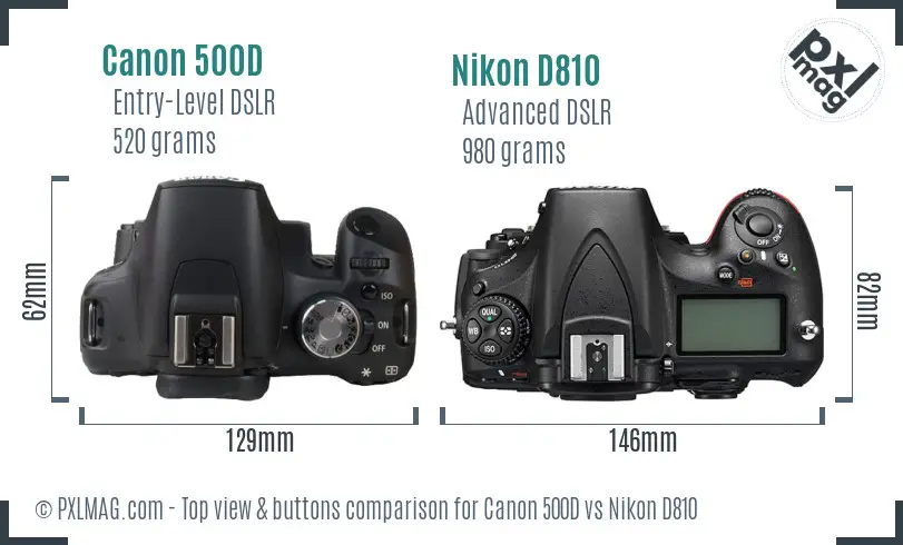 Canon 500D vs Nikon D810 top view buttons comparison Canon 500D vs Nikon D810 top view buttons comparison