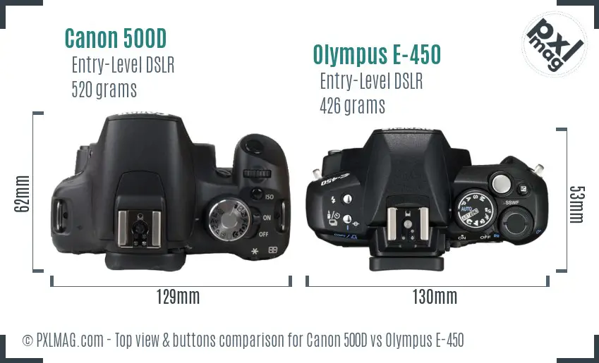 Canon 500D vs Olympus E-450 top view buttons comparison