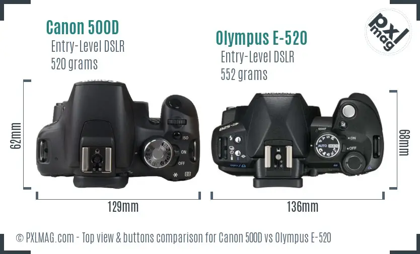 Canon 500D vs Olympus E-520 top view buttons comparison