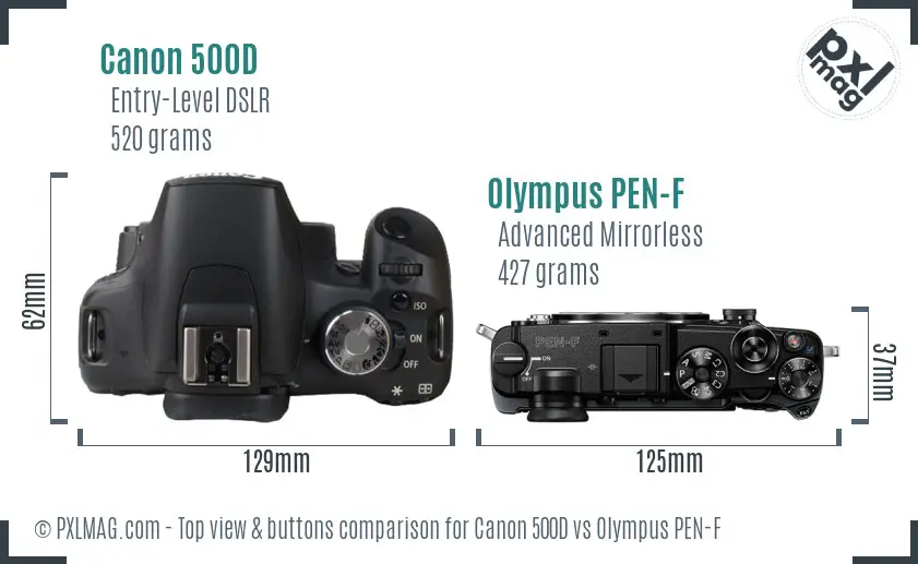 Canon 500D vs Olympus PEN-F top view buttons comparison