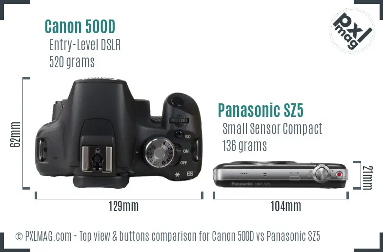 Canon 500D vs Panasonic SZ5 top view buttons comparison