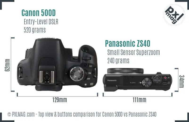 Canon 500D vs Panasonic ZS40 top view buttons comparison