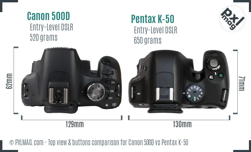 Canon 500D vs Pentax K-50 top view buttons comparison