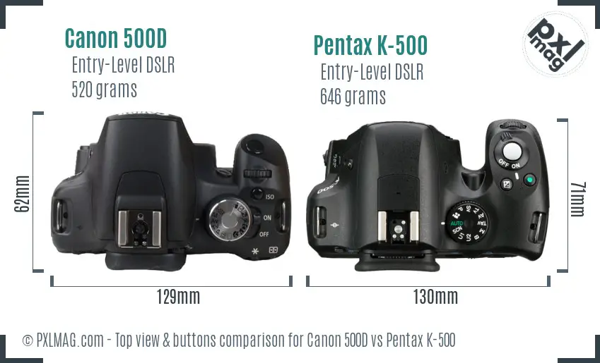 Canon 500D vs Pentax K-500 top view buttons comparison