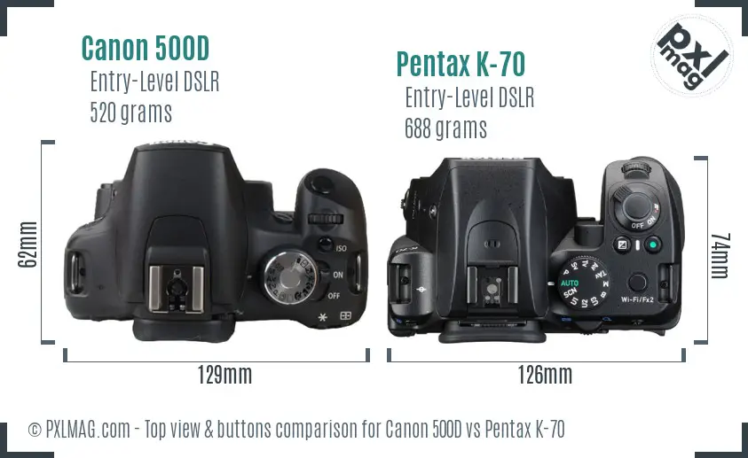 Canon 500D vs Pentax K-70 top view buttons comparison