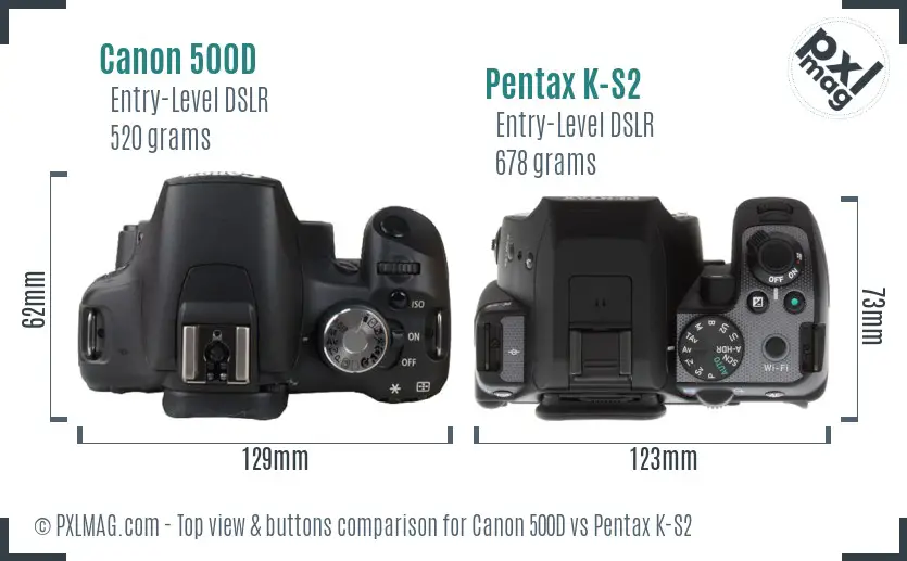 Canon 500D vs Pentax K-S2 top view buttons comparison