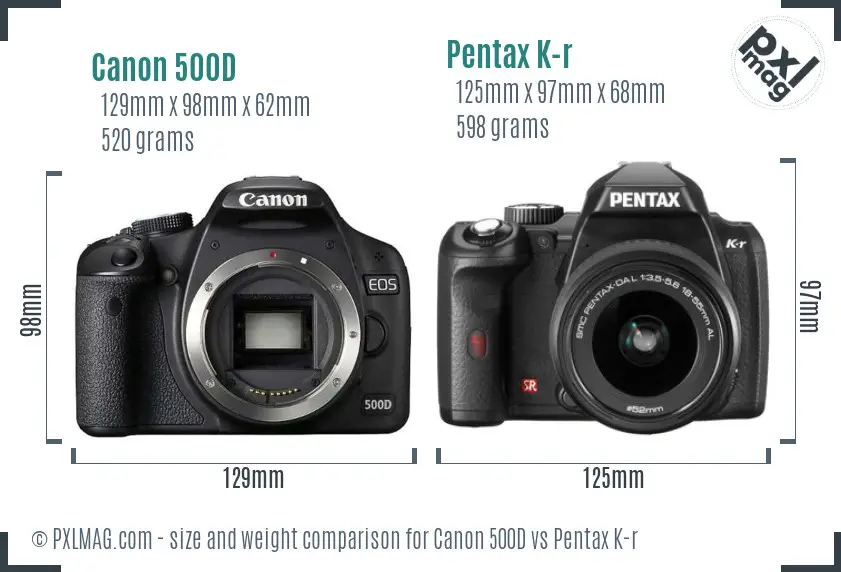 Canon 500D vs Pentax K-r size comparison