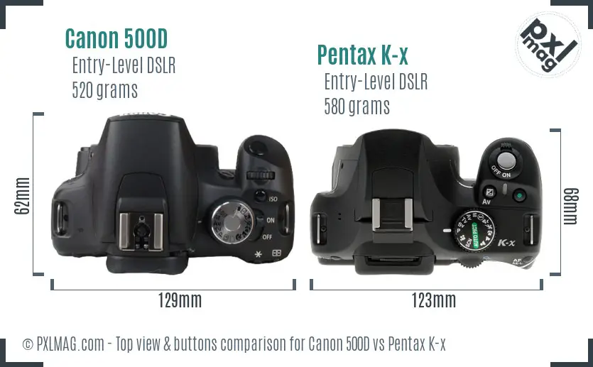 Canon 500D vs Pentax K-x top view buttons comparison