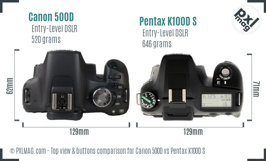 Canon 500D vs Pentax K100D S top view buttons comparison