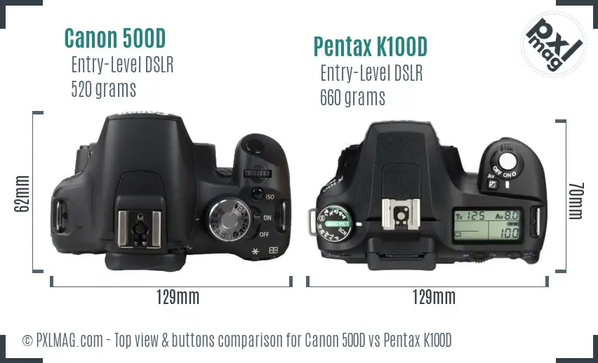 Canon 500D vs Pentax K100D top view buttons comparison