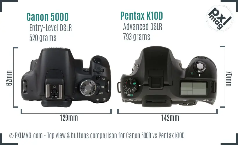 Canon 500D vs Pentax K10D top view buttons comparison Canon 500D vs Pentax K10D top view buttons comparison