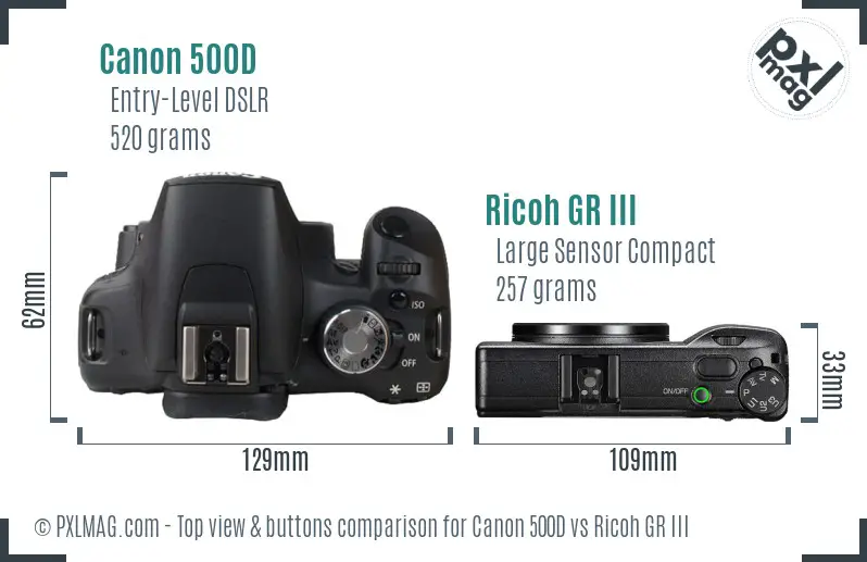 Canon 500D vs Ricoh GR III top view buttons comparison