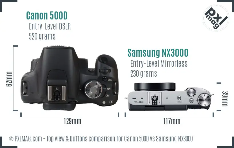Canon 500D vs Samsung NX3000 top view buttons comparison Canon 500D vs Samsung NX3000 top view buttons comparison
