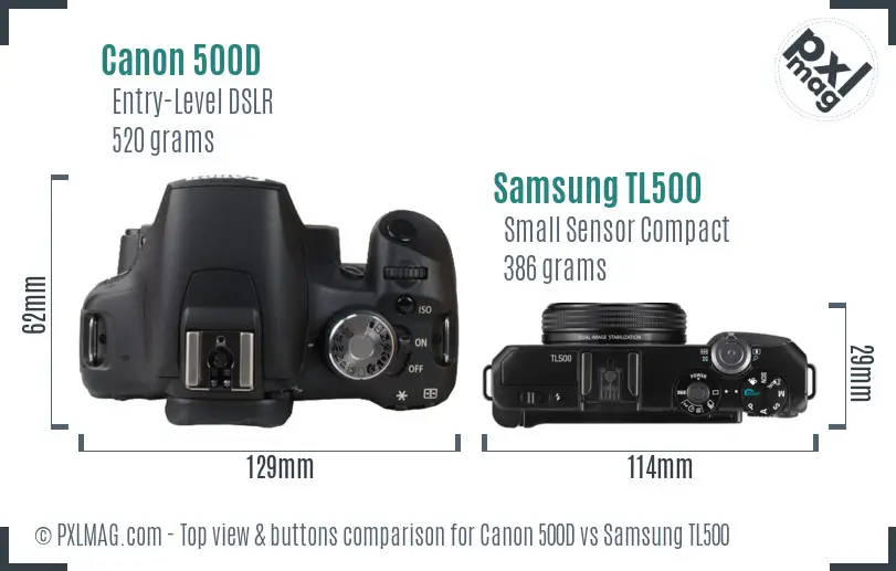 Canon 500D vs Samsung TL500 top view buttons comparison