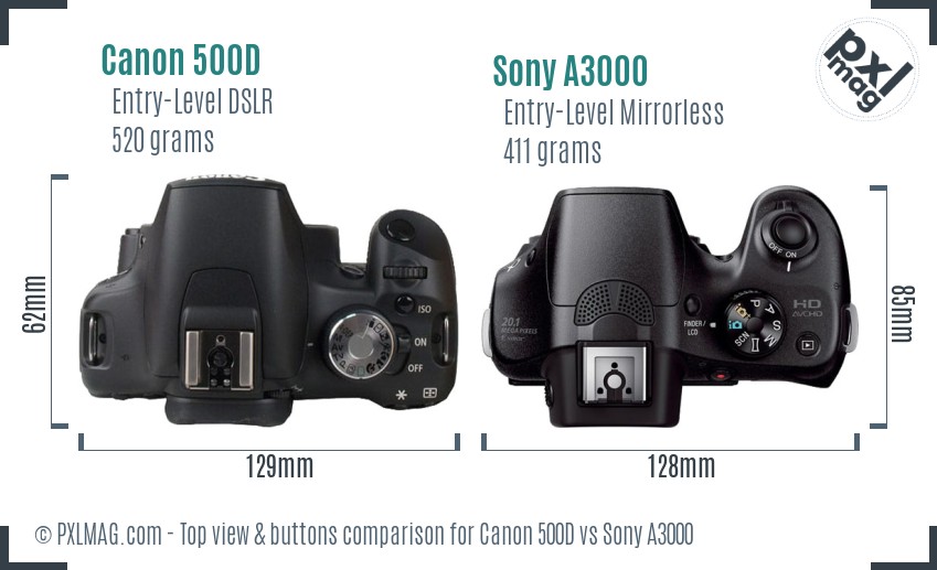 Canon 500D vs Sony A3000 top view buttons comparison