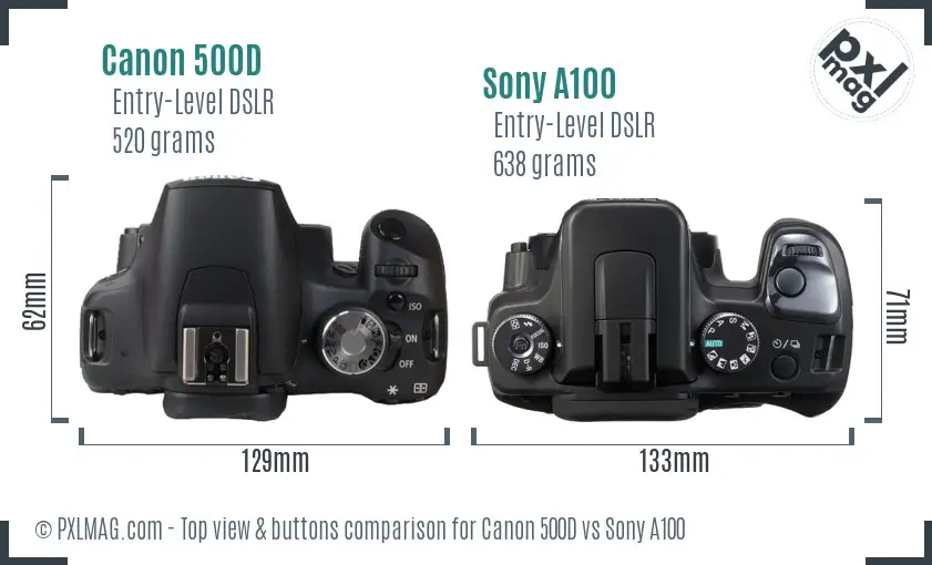 Canon 500D vs Sony A100 top view buttons comparison