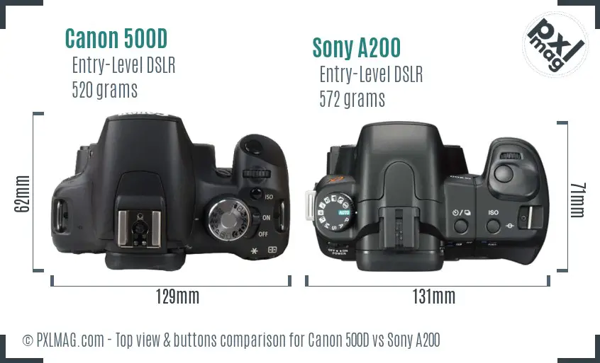 Canon 500D vs Sony A200 top view buttons comparison