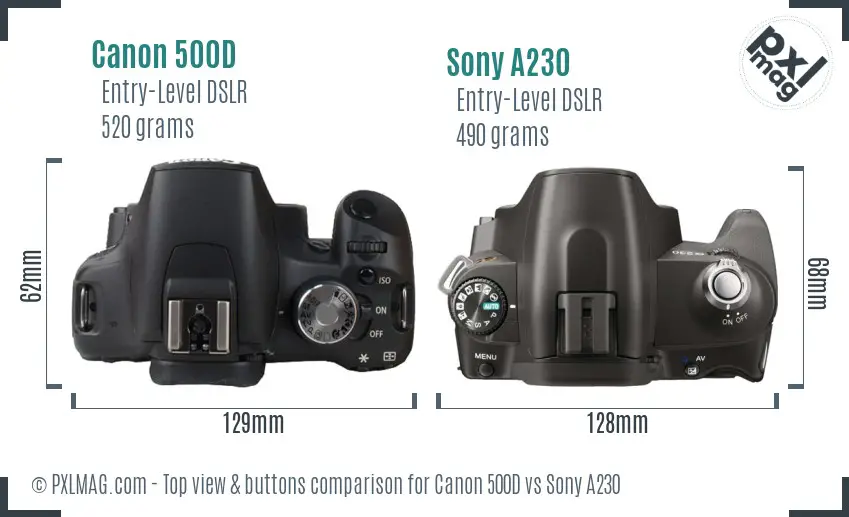 Canon 500D vs Sony A230 top view buttons comparison