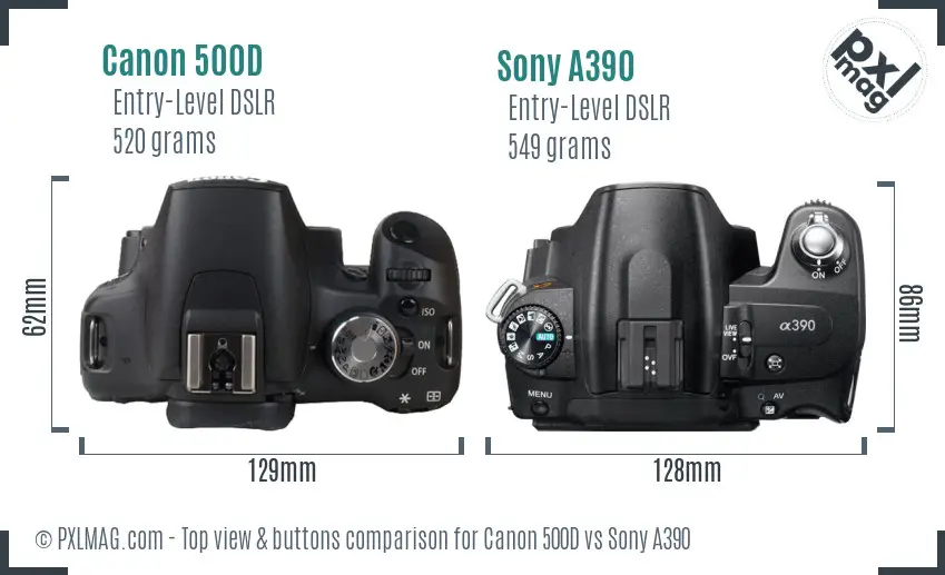 Canon 500D vs Sony A390 top view buttons comparison