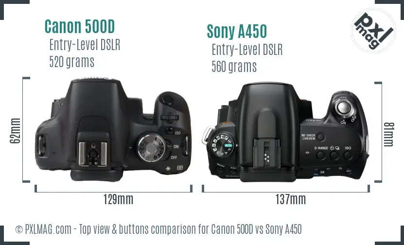 Canon 500D vs Sony A450 top view buttons comparison