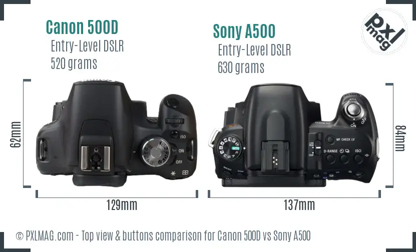 Canon 500D vs Sony A500 top view buttons comparison