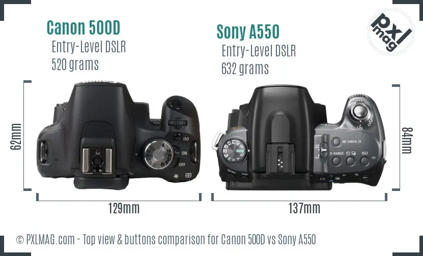 Canon 500D vs Sony A550 top view buttons comparison