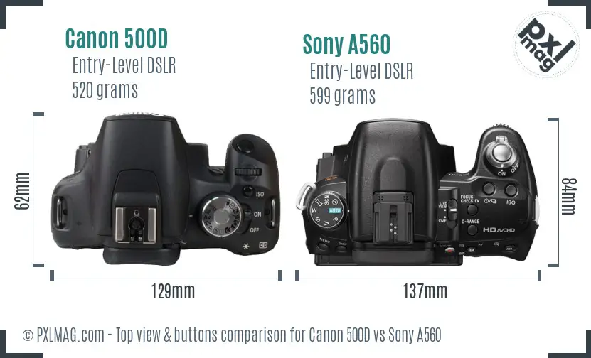 Canon 500D vs Sony A560 top view buttons comparison