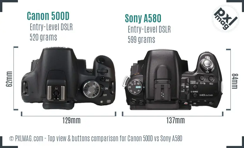 Canon 500D vs Sony A580 top view buttons comparison