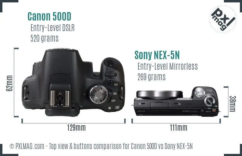 Canon 500D vs Sony NEX-5N top view buttons comparison Canon 500D vs Sony NEX-5N top view buttons comparison