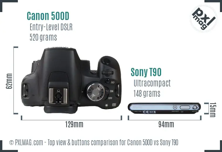Canon 500D vs Sony T90 top view buttons comparison