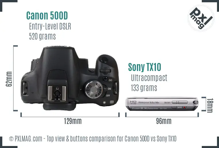 Canon 500D vs Sony TX10 top view buttons comparison