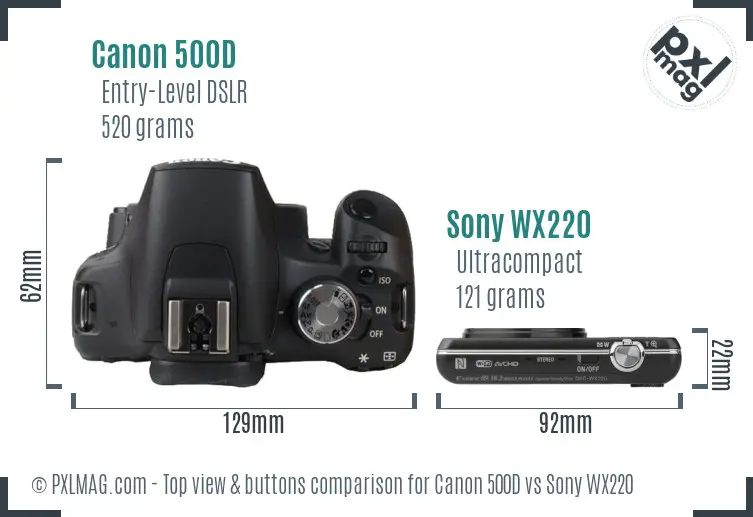 Canon 500D vs Sony WX220 top view buttons comparison