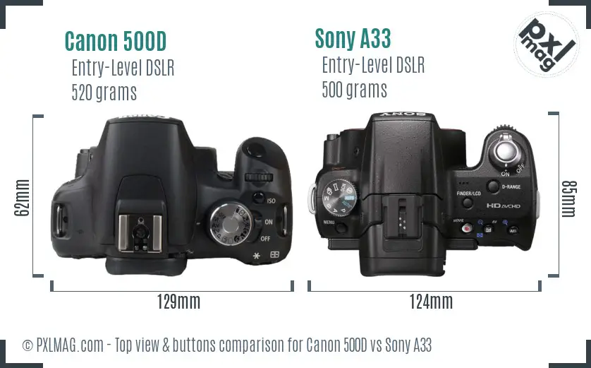 Canon 500D vs Sony A33 top view buttons comparison