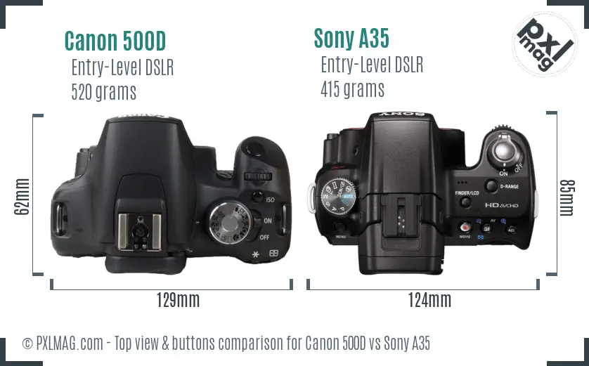 Canon 500D vs Sony A35 top view buttons comparison
