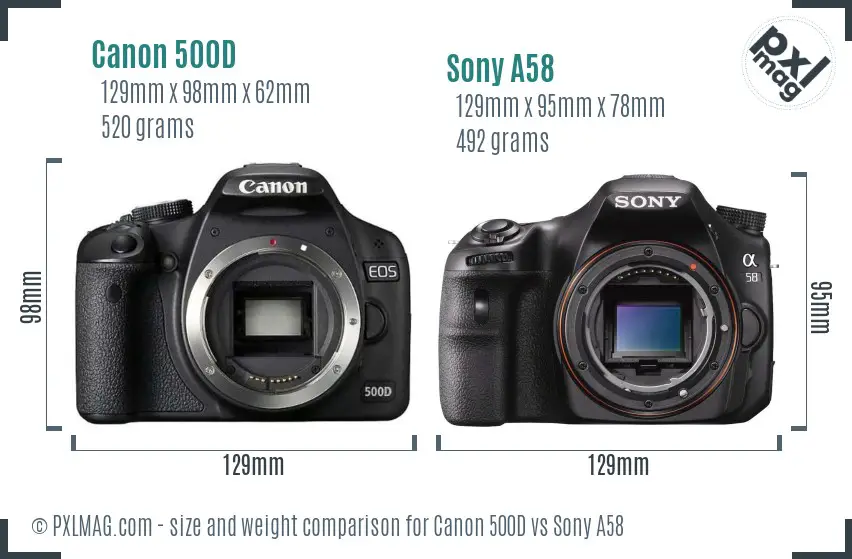 Canon 500D vs Sony A58 size comparison
