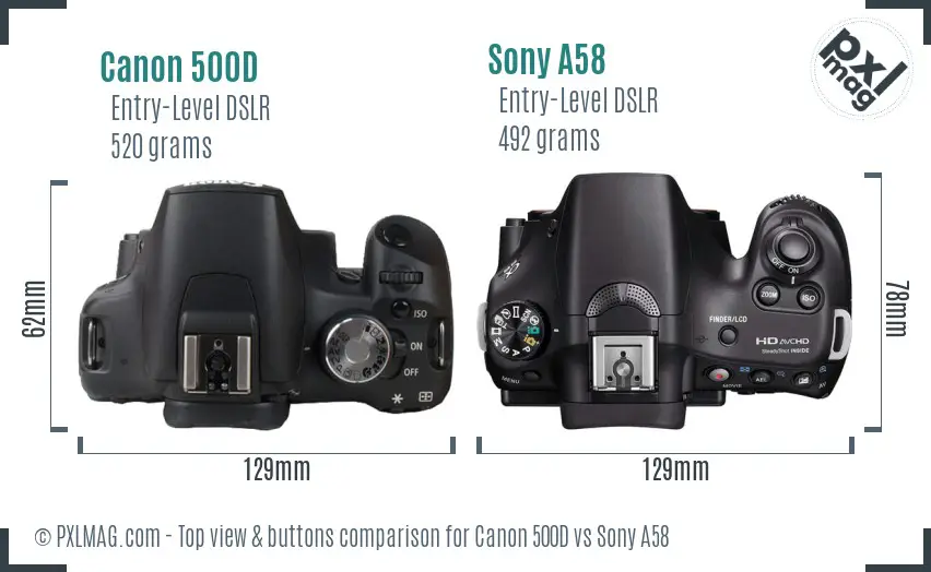Canon 500D vs Sony A58 top view buttons comparison