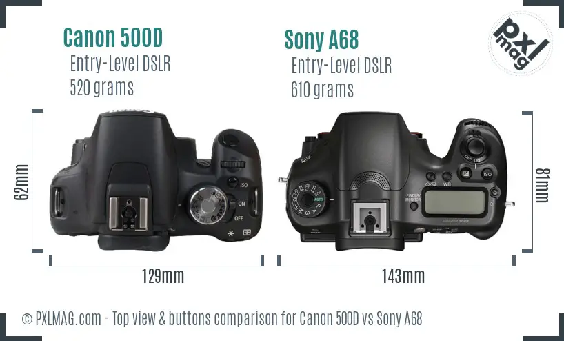 Canon 500D vs Sony A68 top view buttons comparison