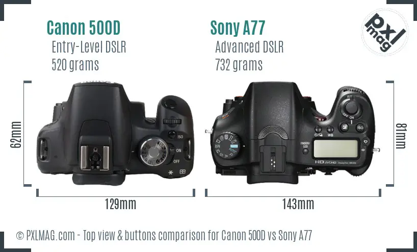 Canon 500D vs Sony A77 top view buttons comparison