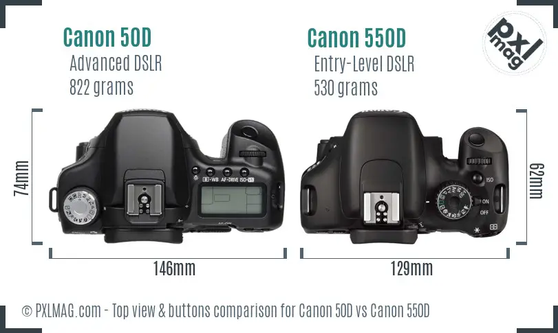 Canon 50D vs Canon 550D top view buttons comparison Canon 50D vs Canon 550D top view buttons comparison