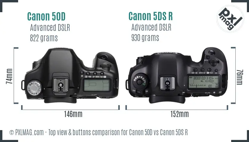 Canon 50D vs Canon 5DS R top view buttons comparison