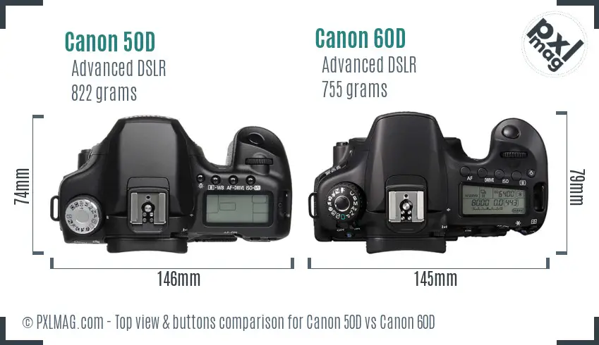 Canon 50D vs Canon 60D top view buttons comparison