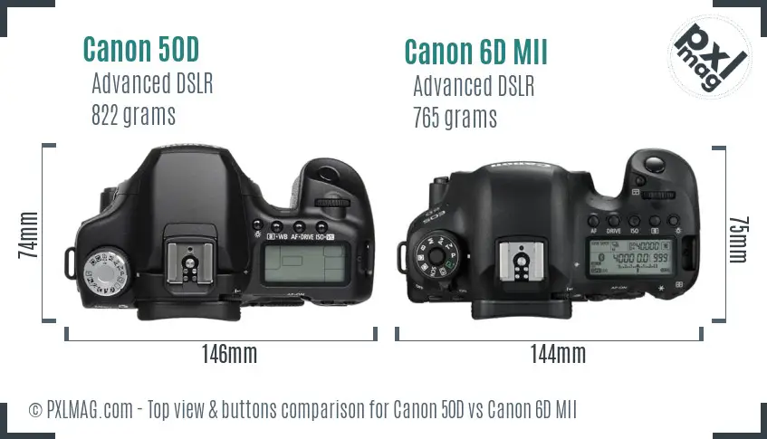 Canon 50D vs Canon 6D MII top view buttons comparison