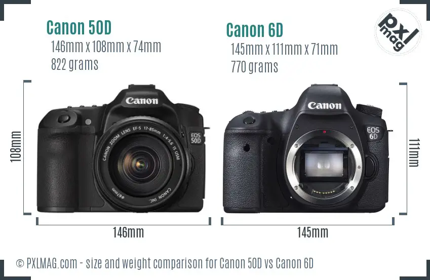 Canon 50D vs Canon 6D size comparison