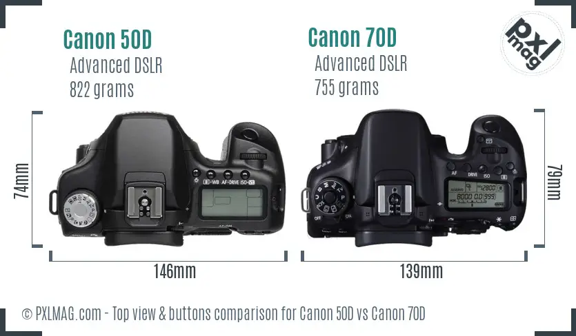 Canon 50D vs Canon 70D top view buttons comparison