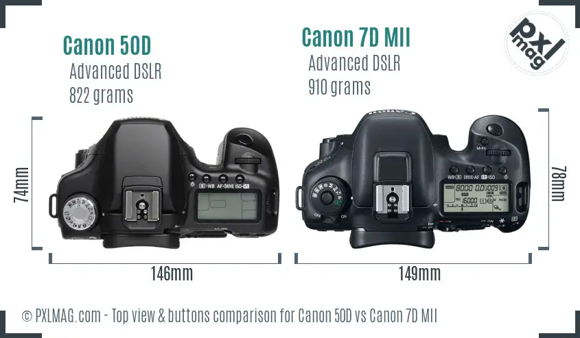 Canon 50D vs Canon 7D MII top view buttons comparison