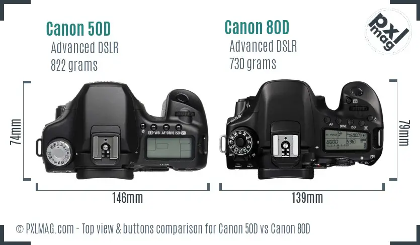 Canon 50D vs Canon 80D top view buttons comparison