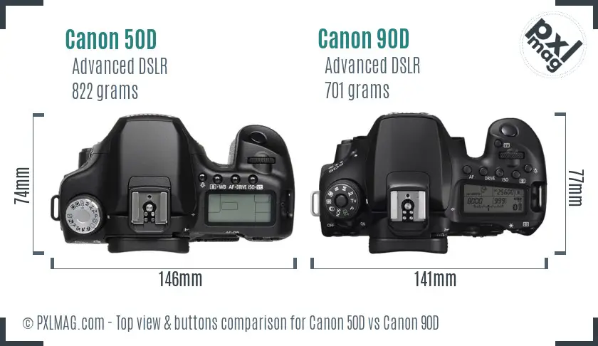 Canon 50D vs Canon 90D top view buttons comparison